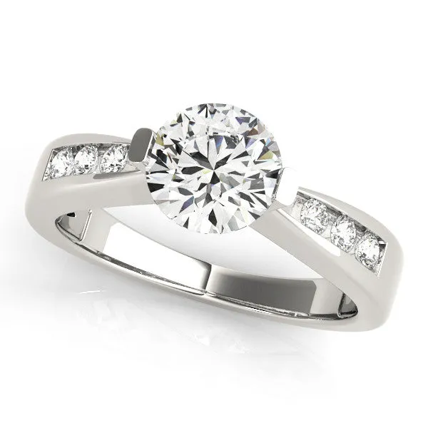 14K White Gold Round Brilliant Diamond Tapered Engagement Ring With Channel Pave Accents