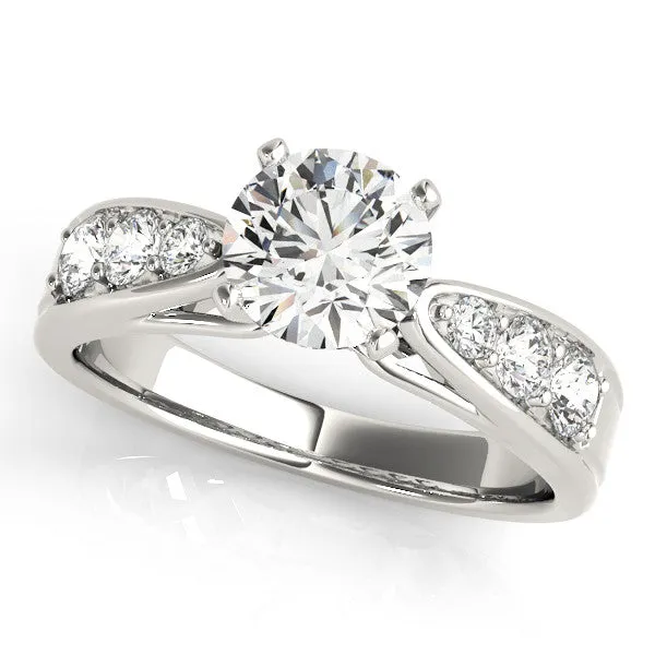 14K White Gold Round Brilliant Diamond Tapered Shoulder Engagement Ring With Pave Accents