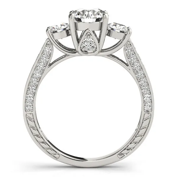 14K White Gold Round Brilliant Diamond Three Stone Hidden Pear Engagement Ring With Pave Accents