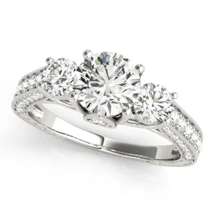 14K White Gold Round Brilliant Diamond Three Stone Hidden Pear Engagement Ring With Pave Accents