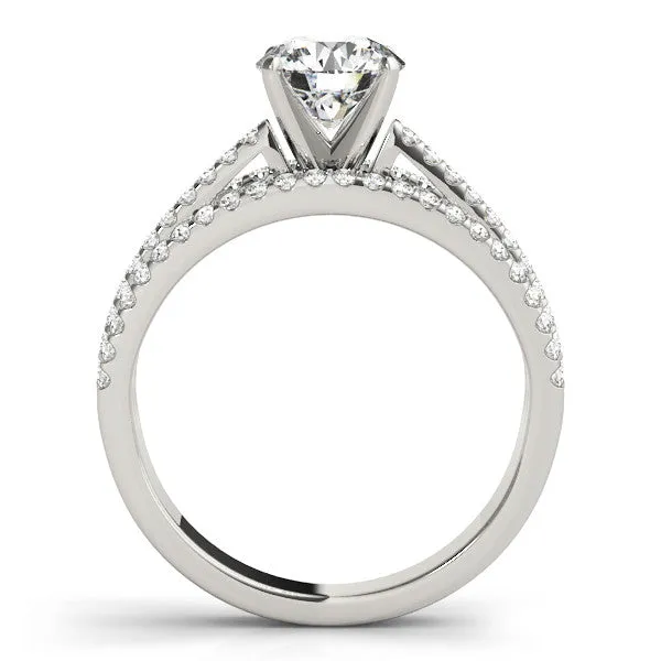 14K White Gold Round Brilliant Diamond Triple Split Shank Engagement Ring With Pave Accents