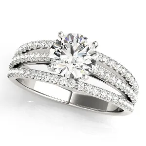 14K White Gold Round Brilliant Diamond Triple Split Shank Engagement Ring With Pave Accents