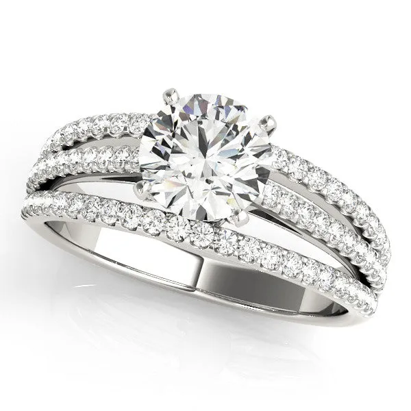 14K White Gold Round Brilliant Diamond Triple Split Shank Engagement Ring With Pave Accents