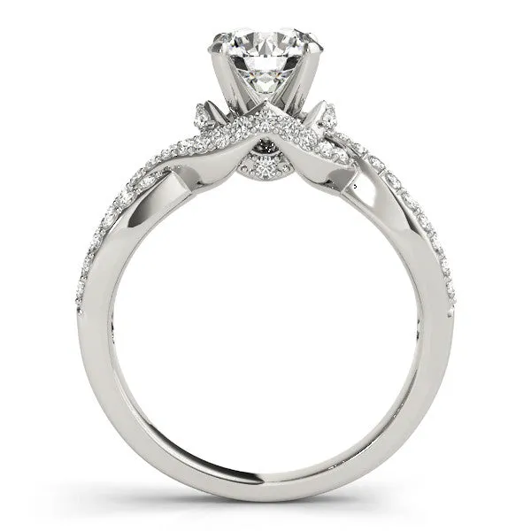 14K White Gold Round Brilliant Diamond Twist Engagement Ring With Pave Accents