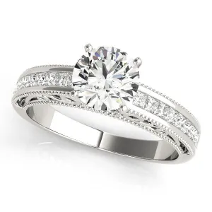 14K White Gold Round Brilliant Diamond Vintage Inspired Engagement Ring With Beaded Channel Set Accents