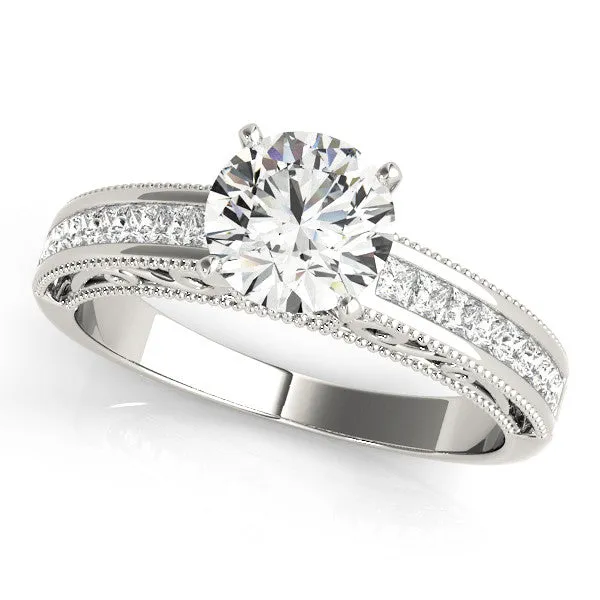 14K White Gold Round Brilliant Diamond Vintage Inspired Engagement Ring With Beaded Channel Set Accents
