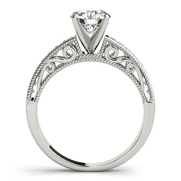 14K White Gold Round Brilliant Diamond Vintage Inspired Engagement Ring With Beaded Channel Set Accents