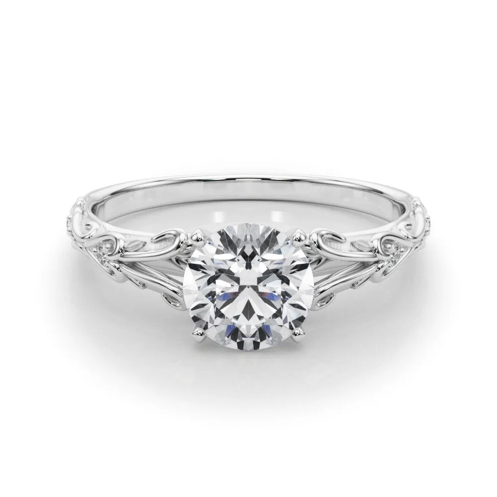 14K White Gold Round Brilliant Diamond Vintage Inspired Engagement Ring