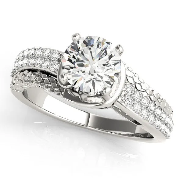 14K White Gold Round Brilliant Diamond Vintage Multirow Engagement Ring With Pave Accents