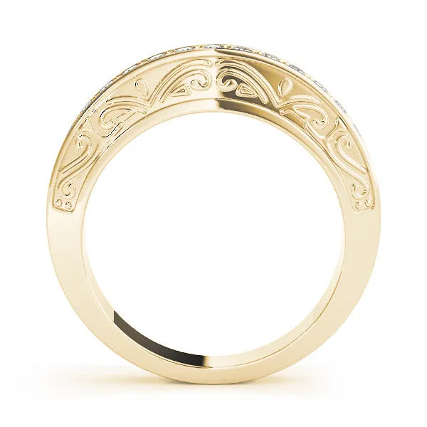 14K Yellow Gold Round Brilliant Diamond Beaded Channel Wedding Ring With Engraving Details (.06ctw)
