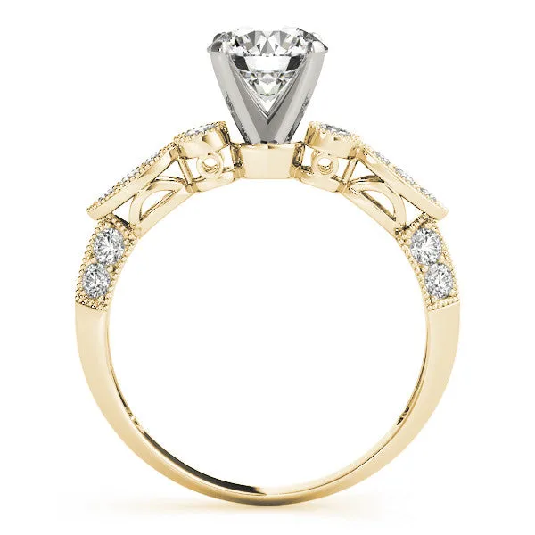 14K Yellow Gold Round Brilliant Diamond Beaded Mult-Cut Antique Inspired Engagement Ring With Pave Accents (1.13ctw)
