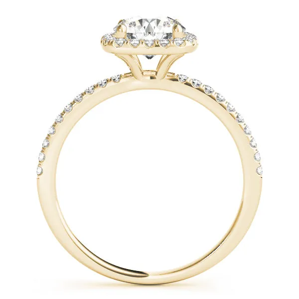 14K Yellow Gold Round Brilliant Diamond Cushion Halo Engagement Ring With Pave Diamond Shank