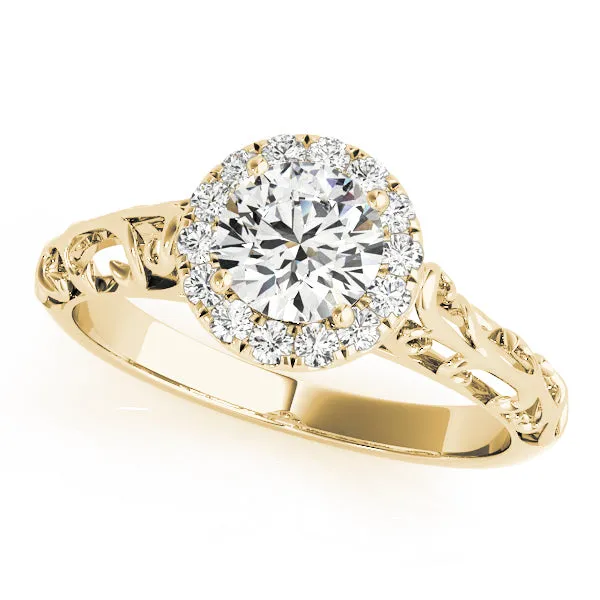 14K Yellow Gold Round Brilliant Diamond Halo Engagement Ring With Scalloped Shank (1.10ctw)