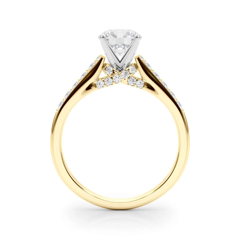 14K Yellow Gold Round Brilliant Diamond High Shoulder Engagement Ring With Hidden Crossed Pave Accents (1.25ctw)