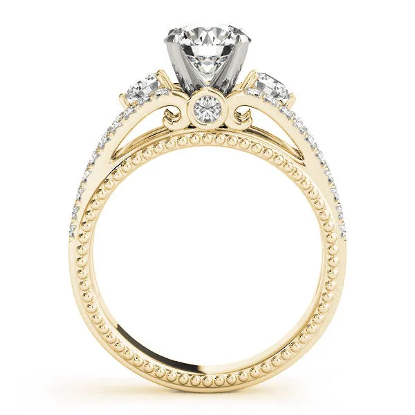 14k Yellow Gold Round Brilliant Diamond Three Stone Split Shank Antique Engagement Ring With Bezel and Pave Accents (1.50ctw)