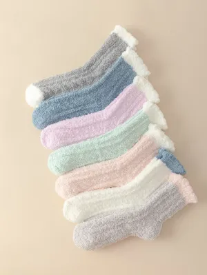 7pairs Two Tone Fuzzy Crew Socks - Multicolor