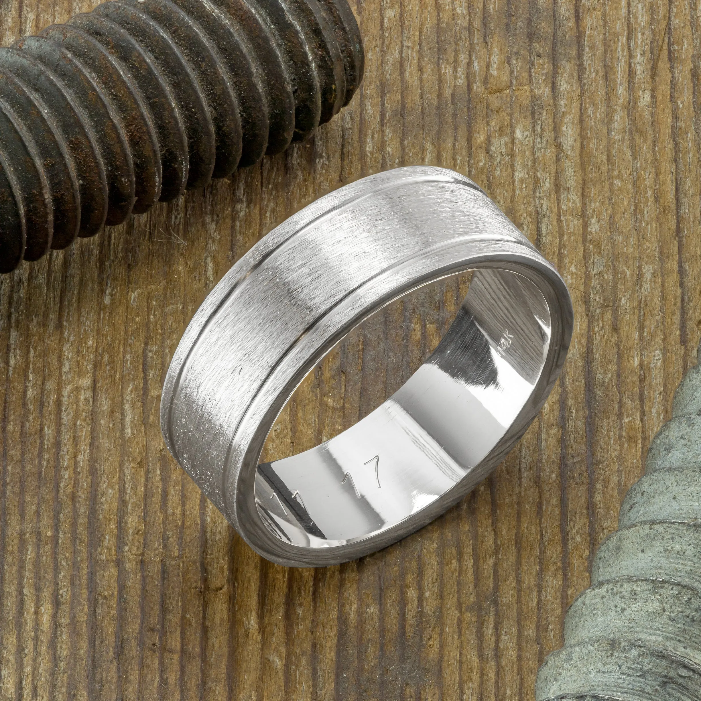 8mm 14K White Gold Mens Double Channel Wedding Ring, Matte Finish
