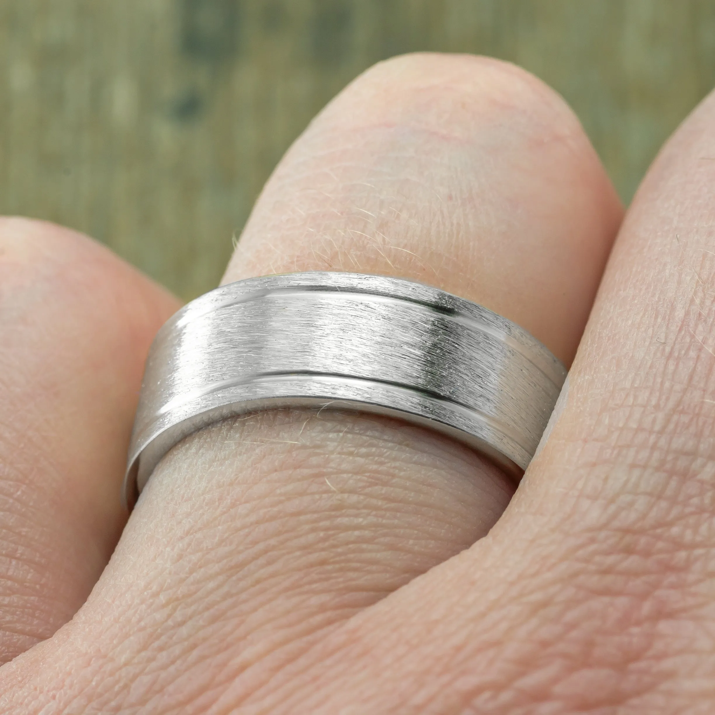 8mm 14K White Gold Mens Double Channel Wedding Ring, Matte Finish