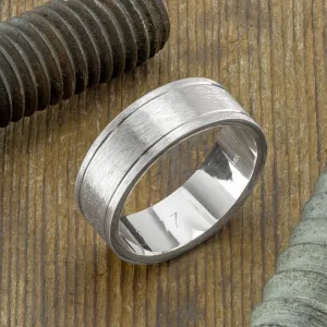 8mm 14K White Gold Mens Double Channel Wedding Ring, Matte Finish