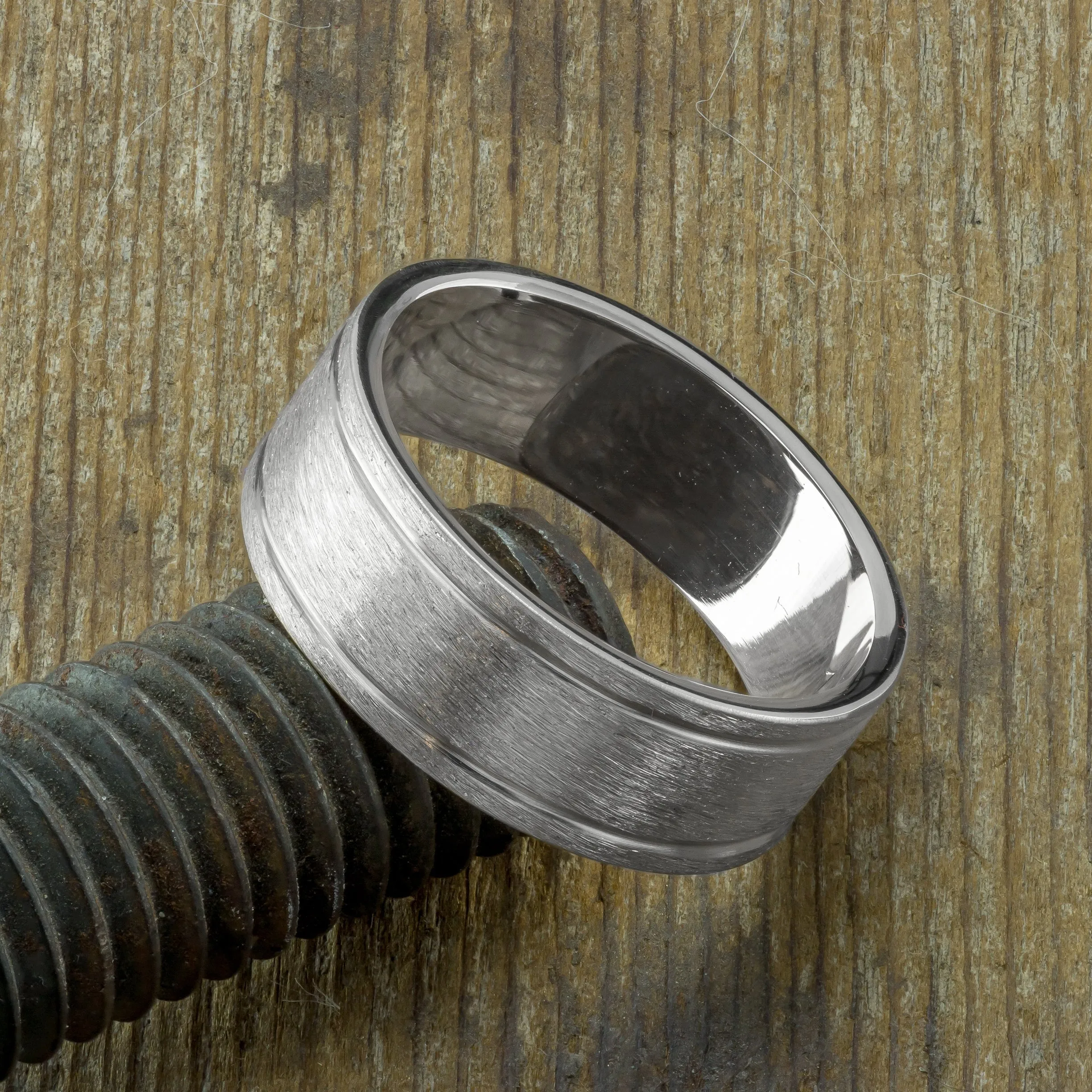 8mm 14K White Gold Mens Double Channel Wedding Ring, Matte Finish