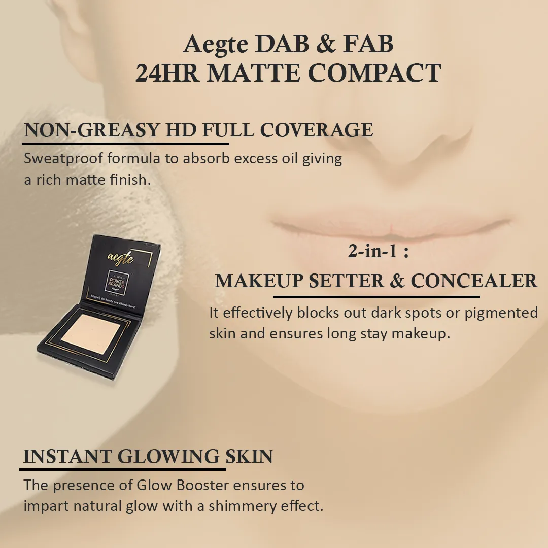 Aegte 24 Hr Stay 3 in 1 Dab and Fab Matte Compact Powder Makeup Fixer & Concealer with Vitamin C Rice Starch Vegan & Cruelty Free