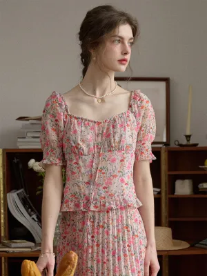 Alivia Floral Print Tie Neck Heart Shaped Collar Pink Blouse