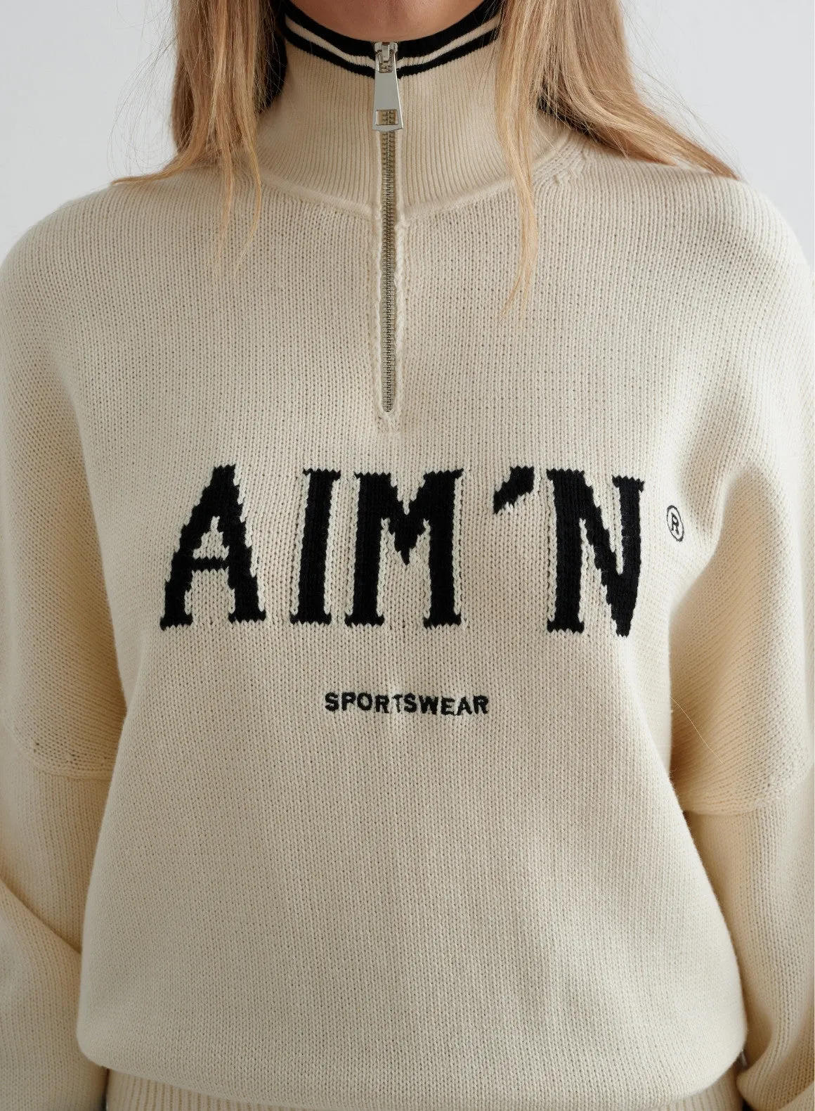 Almond White College Knitted Half Zip