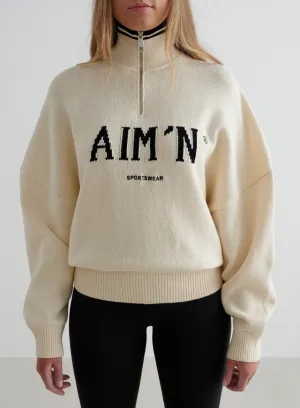 Almond White College Knitted Half Zip