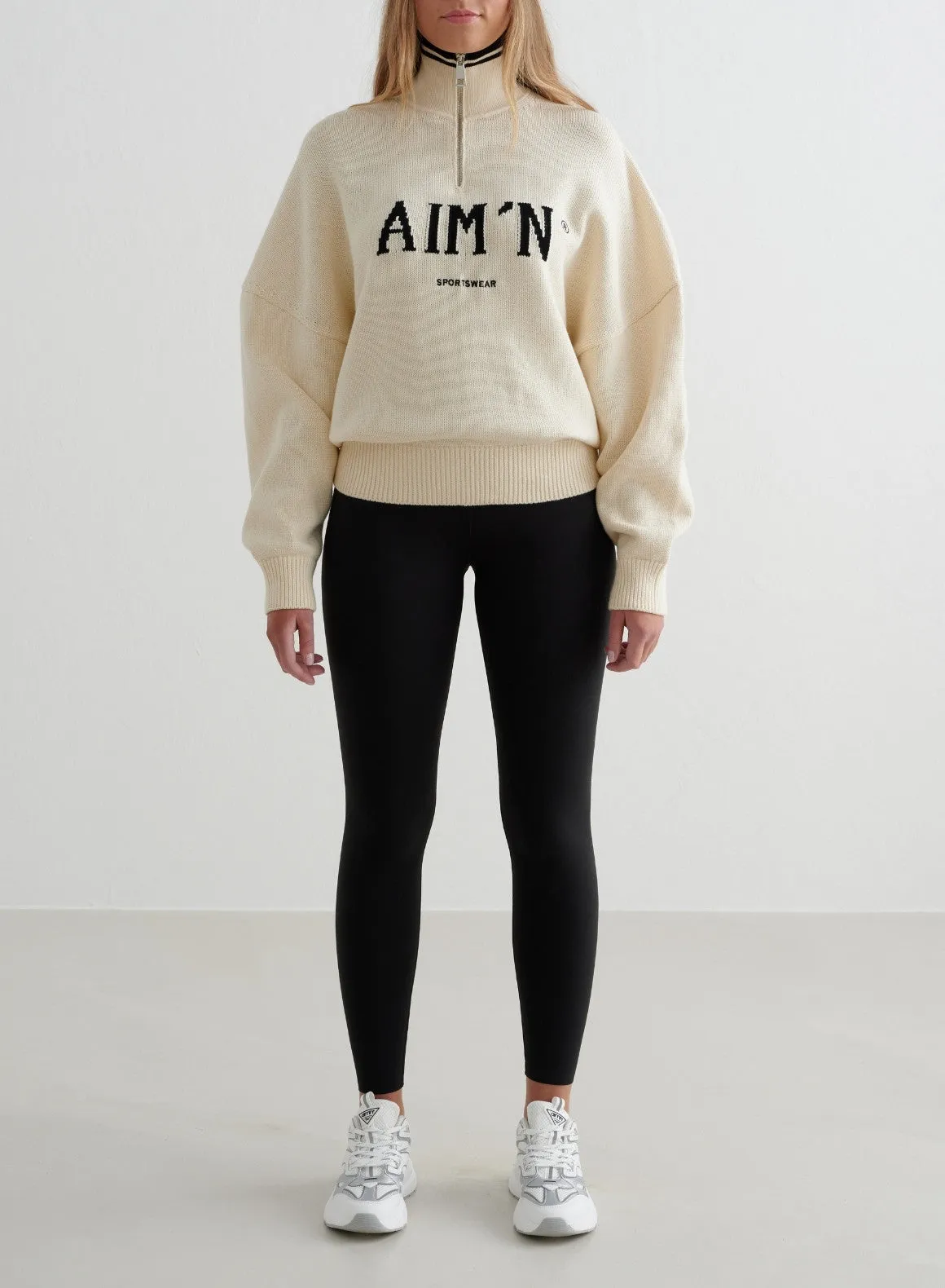 Almond White College Knitted Half Zip