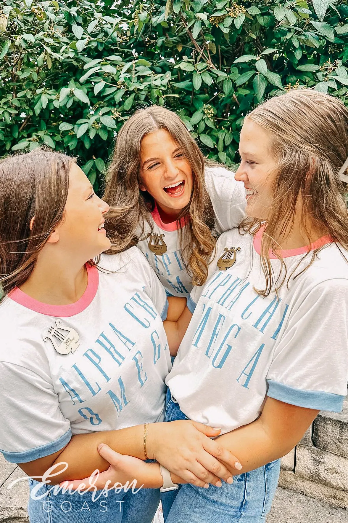Alpha Chi Omega Pink and Light Blue Colorblock Ringer Tee