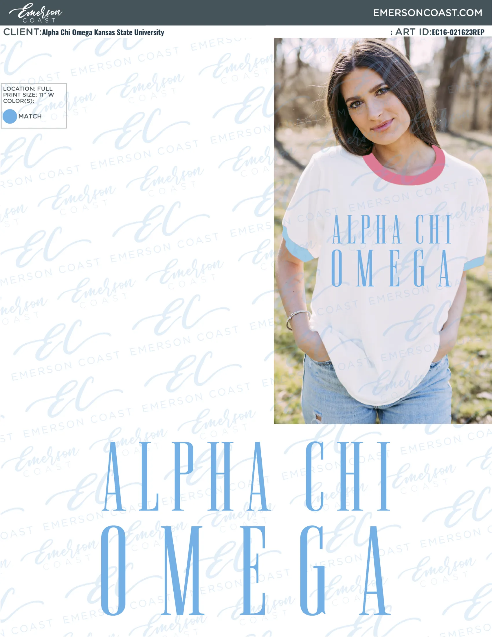 Alpha Chi Omega Pink and Light Blue Colorblock Ringer Tee