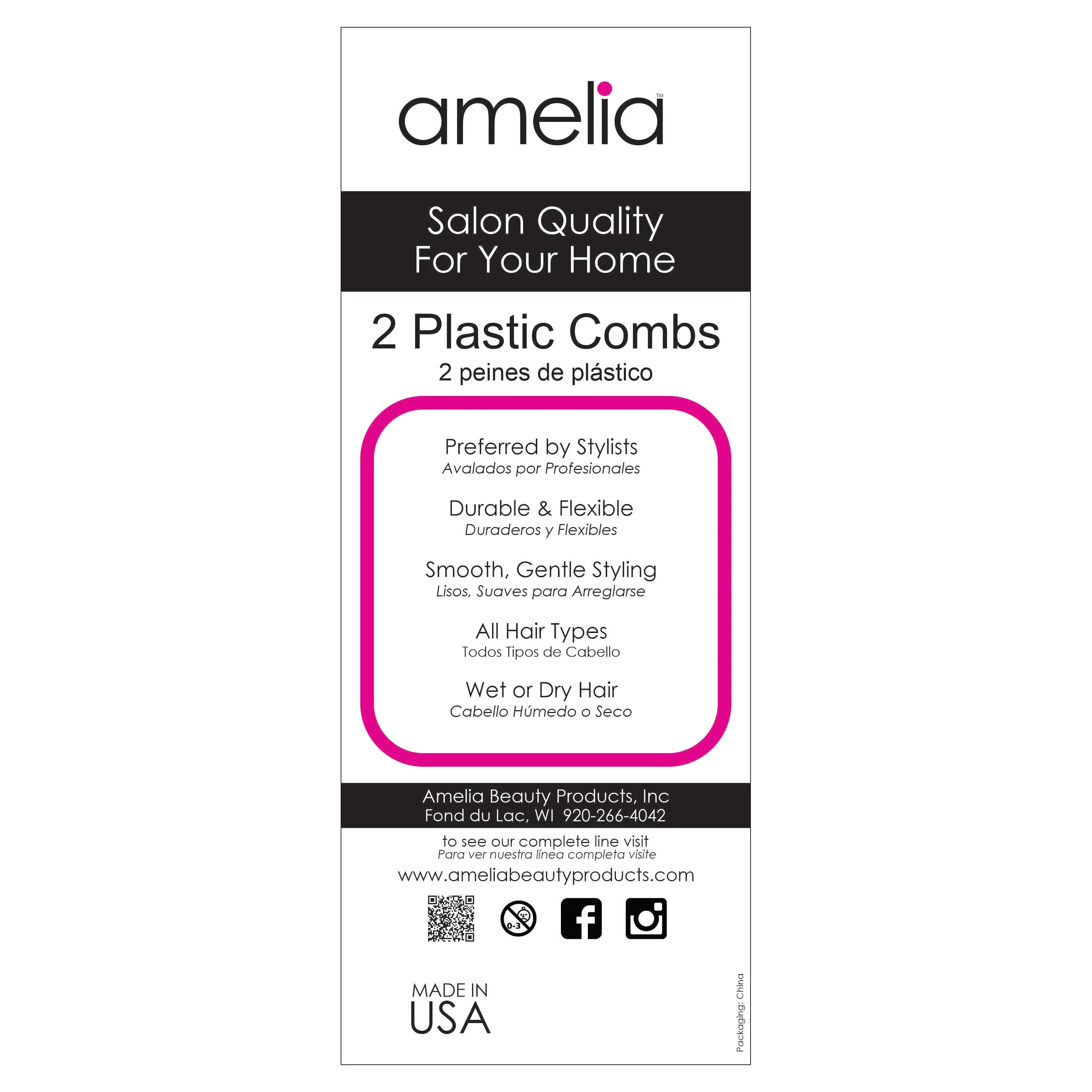 Amelia Beauty,6in Black Plastic Detangling Rake Comb, Professional Grade Comb,  Portable Salon Barber Shop Black Everyday Styling Rake Comb Hair Styling Tool, 6"x3.25", 2 Pack