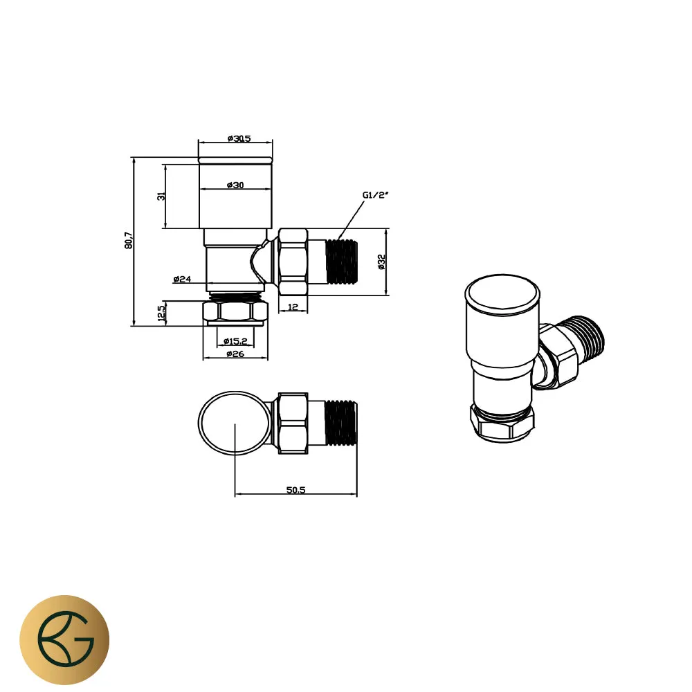 Angled Radiator Valves - Brushed Brass Pair