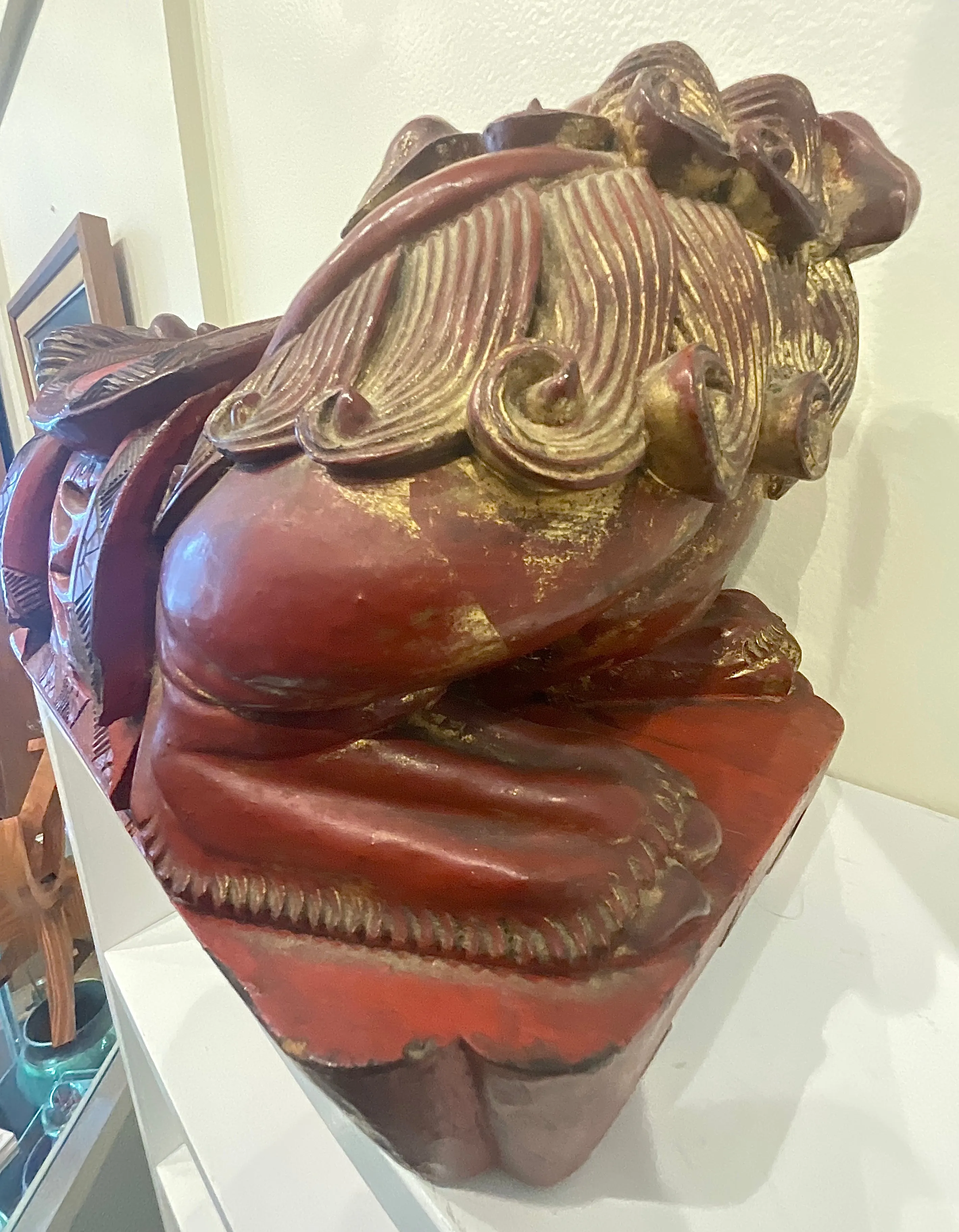 Antique Chinese Red Lacquer Foo Dog 19th Century
