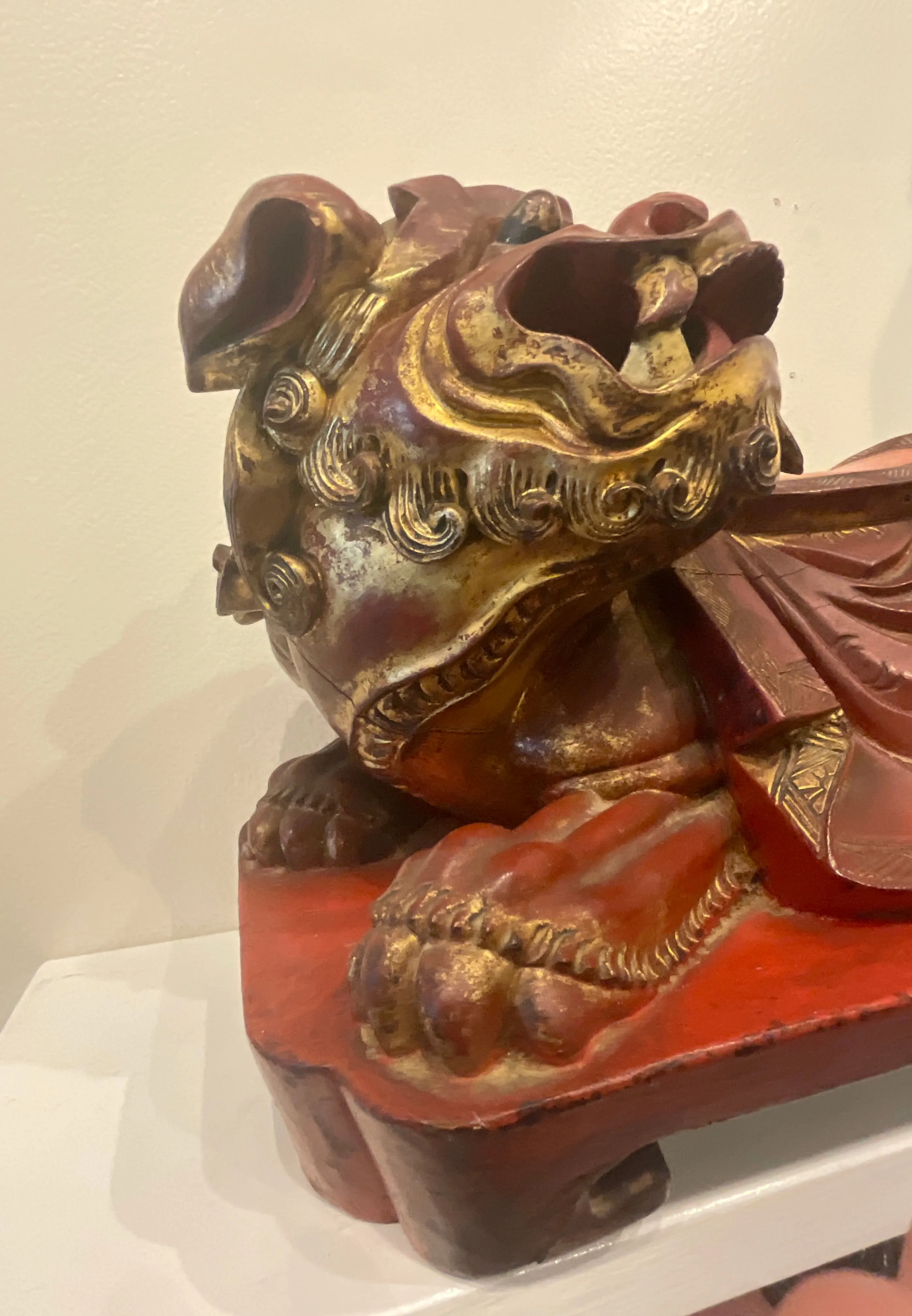 Antique Chinese Red Lacquer Foo Dog 19th Century
