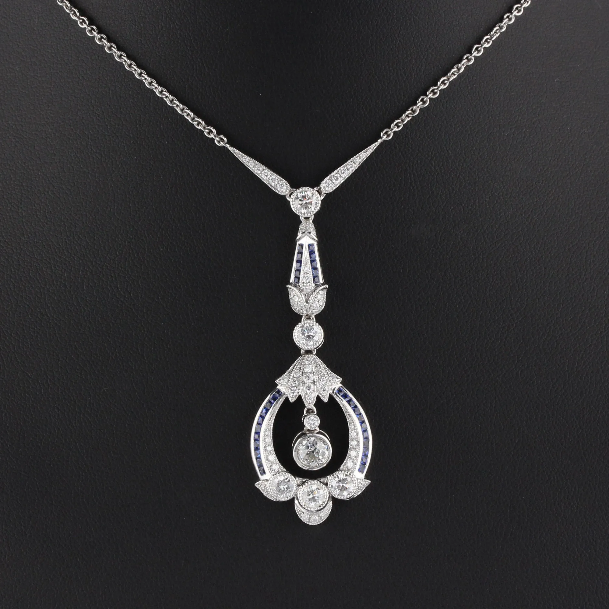 Art Deco Style 18K White Gold Diamond and Sapphire Necklace