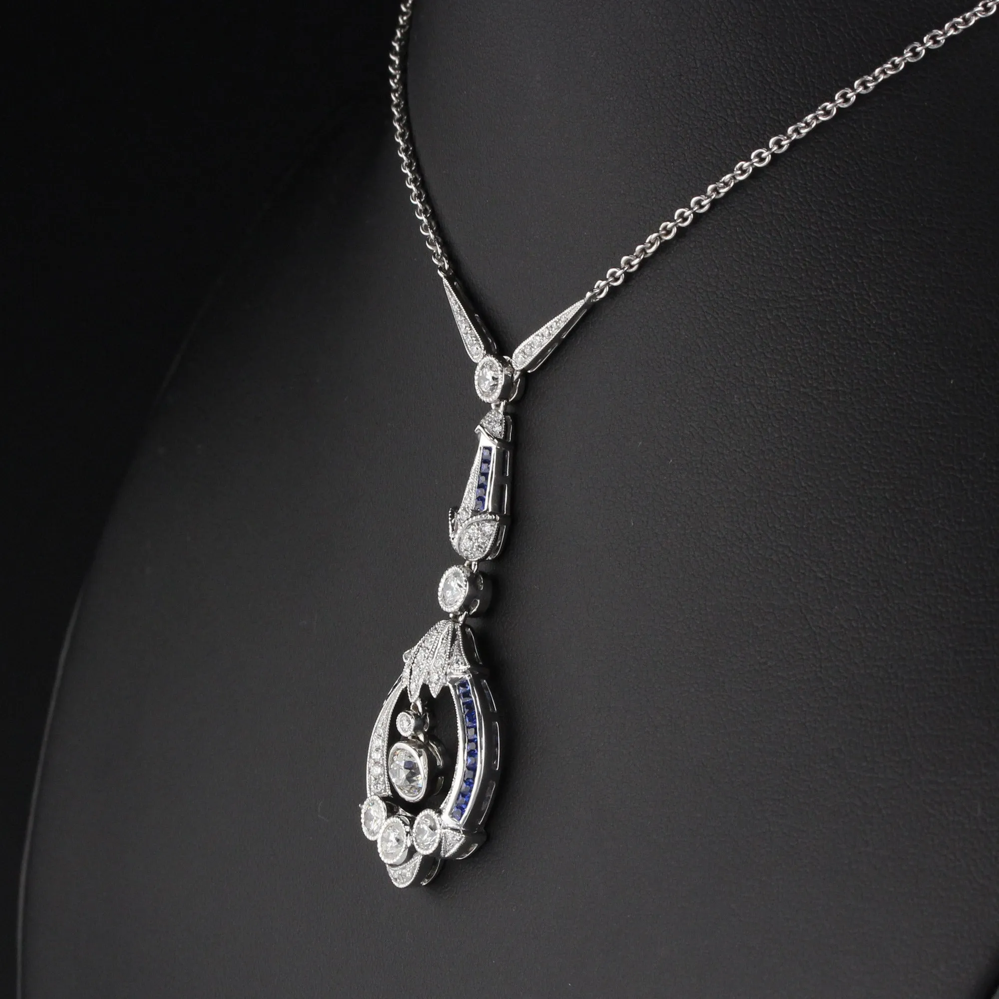Art Deco Style 18K White Gold Diamond and Sapphire Necklace