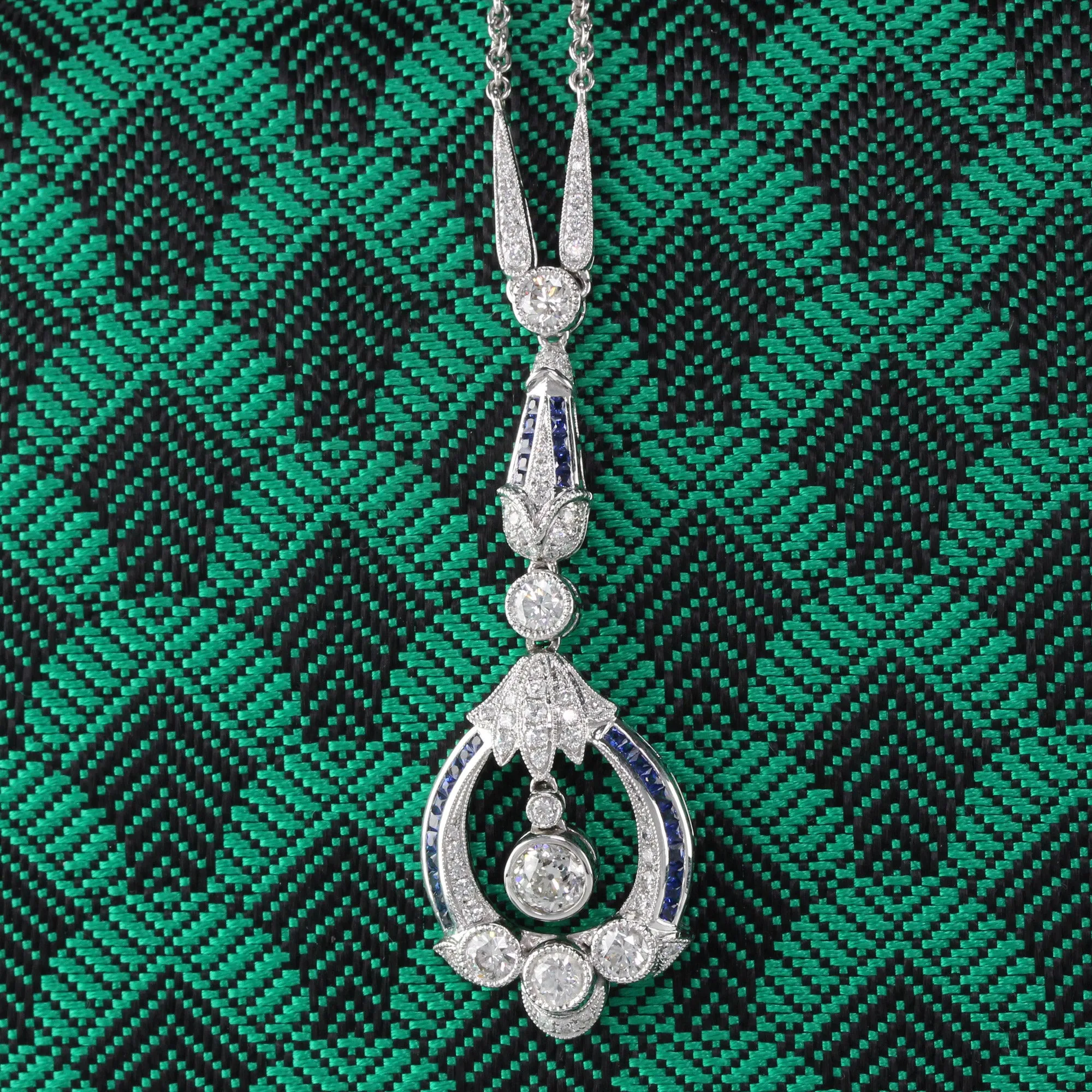 Art Deco Style 18K White Gold Diamond and Sapphire Necklace