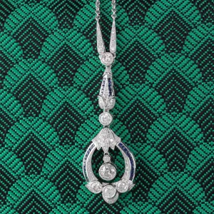 Art Deco Style 18K White Gold Diamond and Sapphire Necklace