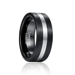 Black Brushed with Silver Line Tungsten Men's Ring