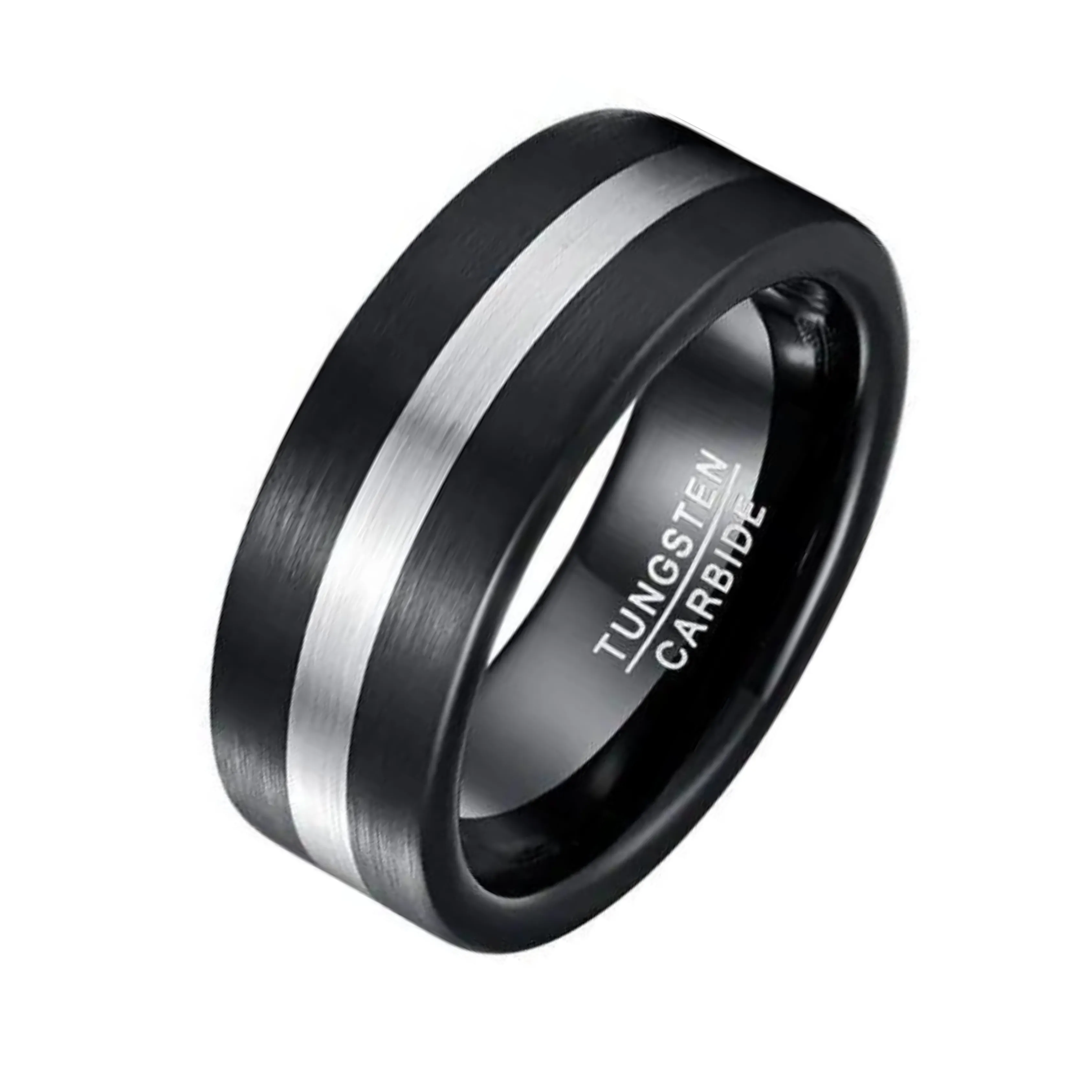 Black Brushed with Silver Line Tungsten Men's Ring