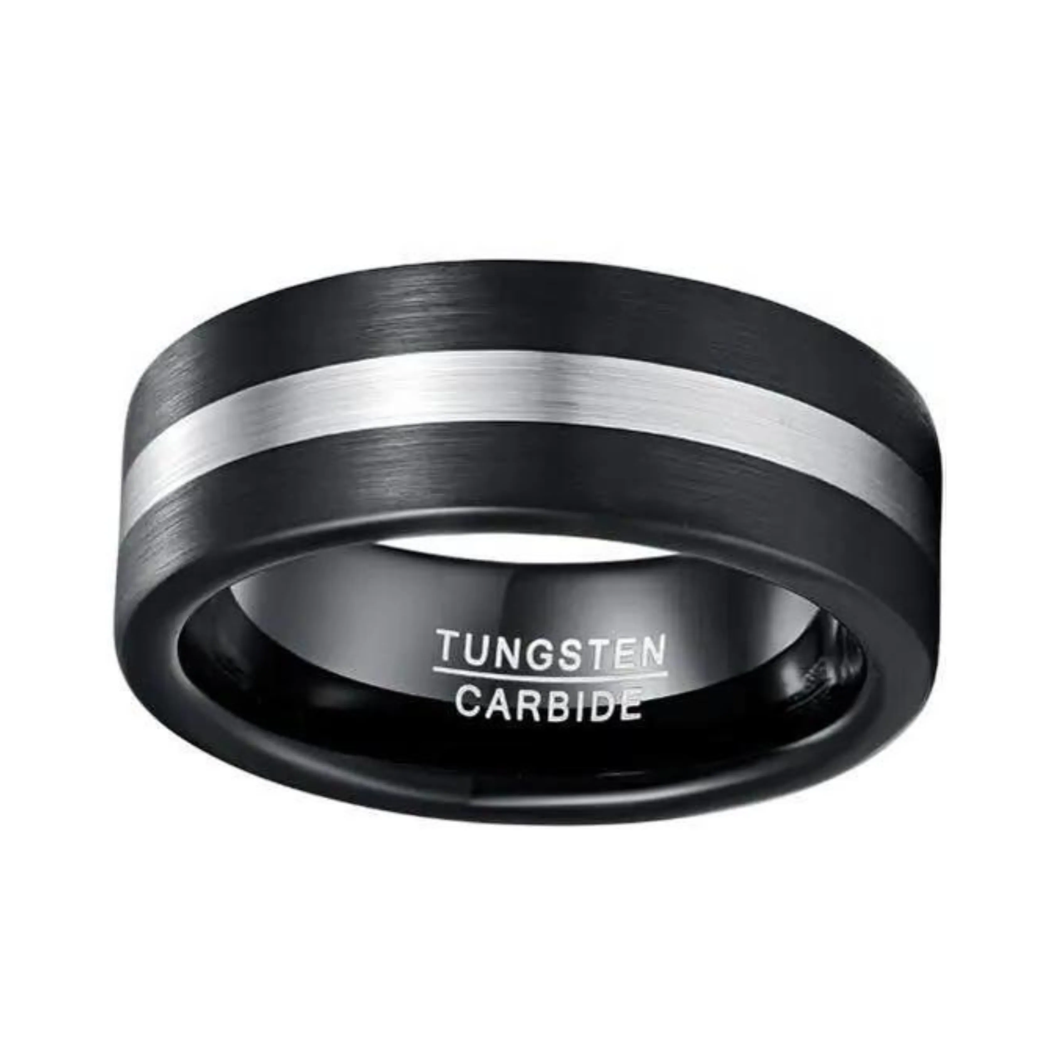 Black Brushed with Silver Line Tungsten Men's Ring
