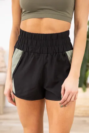Black Colorblock Dolphin Hem Active Shorts