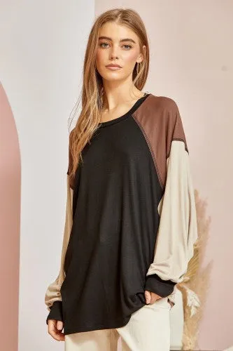 Black   Mocha Colorblock Easy Knit L/S