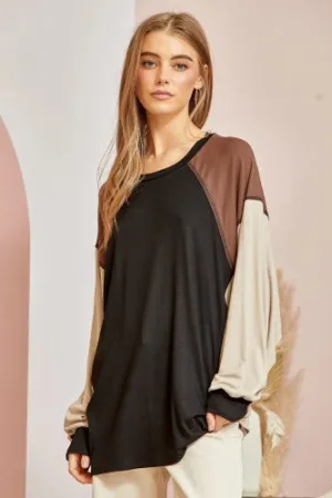 Black   Mocha Colorblock Easy Knit L/S