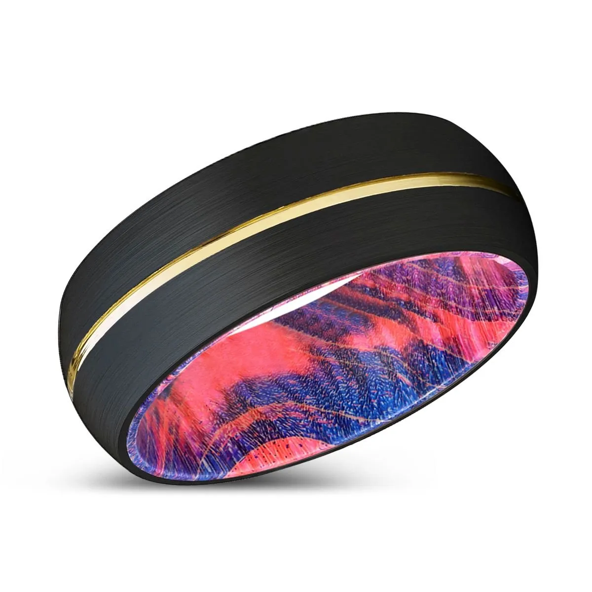 BLUEGHOST | Blue & Red Wood, Black Tungsten Ring, Gold Groove, Domed