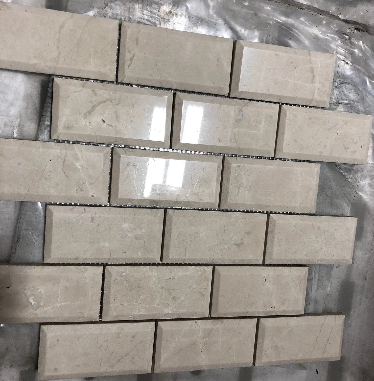 Botticino Marble 2X4 Deep-Beveled Polished Brick Mosaic Tile