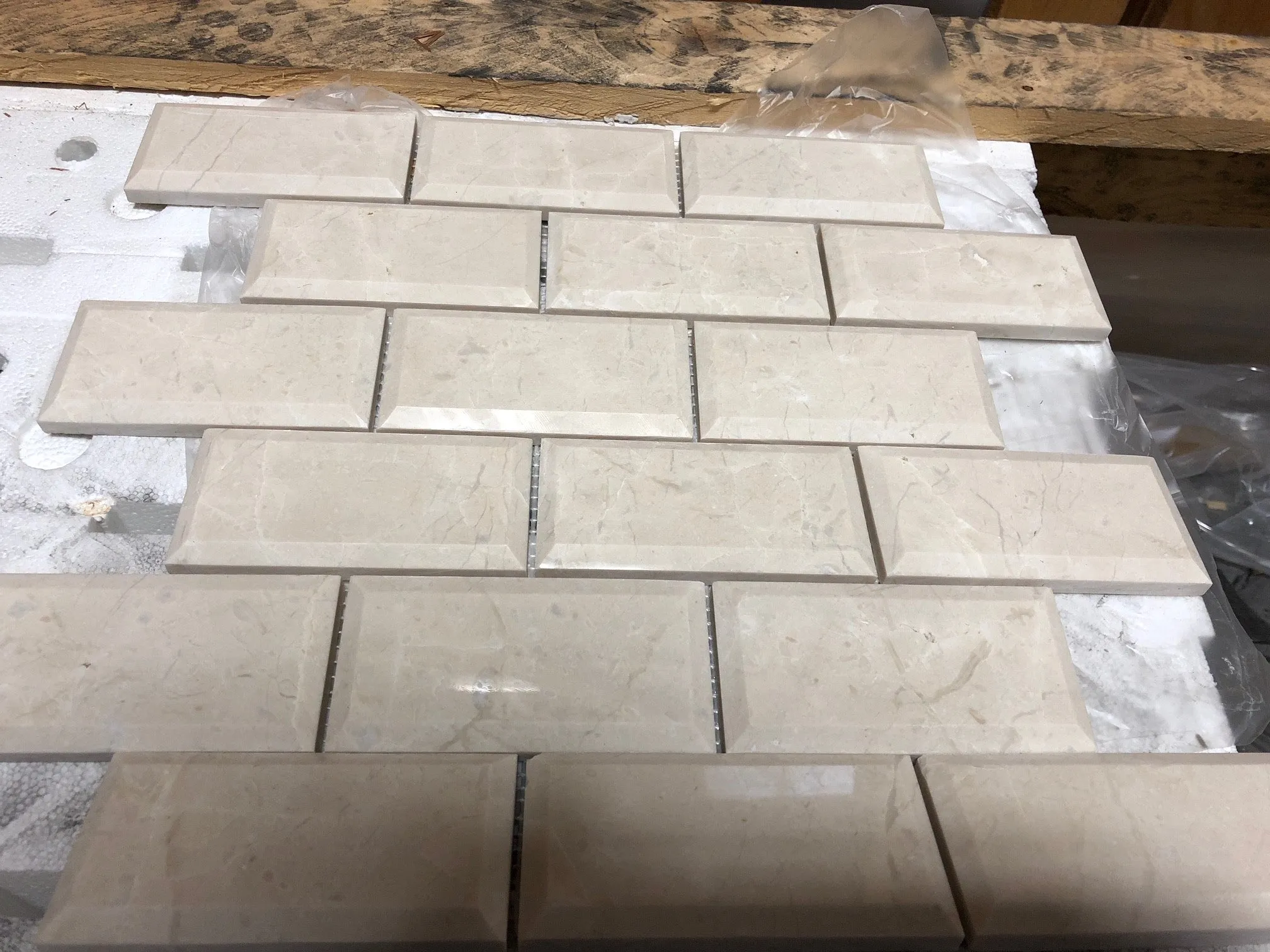 Botticino Marble 2X4 Deep-Beveled Polished Brick Mosaic Tile