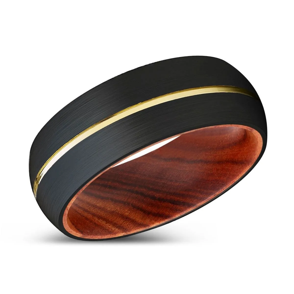 BOULEM | IRON Wood, Black Tungsten Ring, Gold Groove, Domed