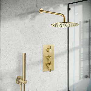 Brass 2 Outlet Concealed Shower Set with Thermostatic Valve, Fixed Shower Head with Arm and Handheld Shower